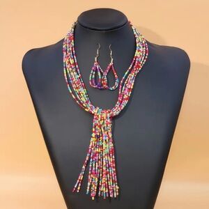 Colorful Beaded Scarf Necklace with Tassel Fringe